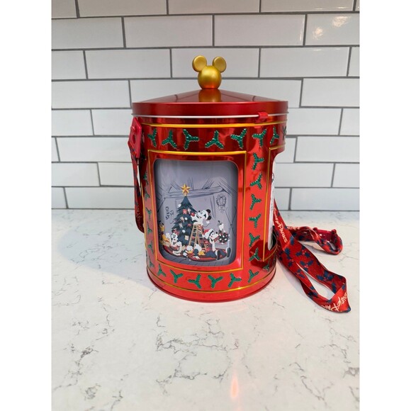 Disney Parks Holiday Christmas Mickey and Friends Musical Tin Popcorn Bucket - Picture 1 of 7
